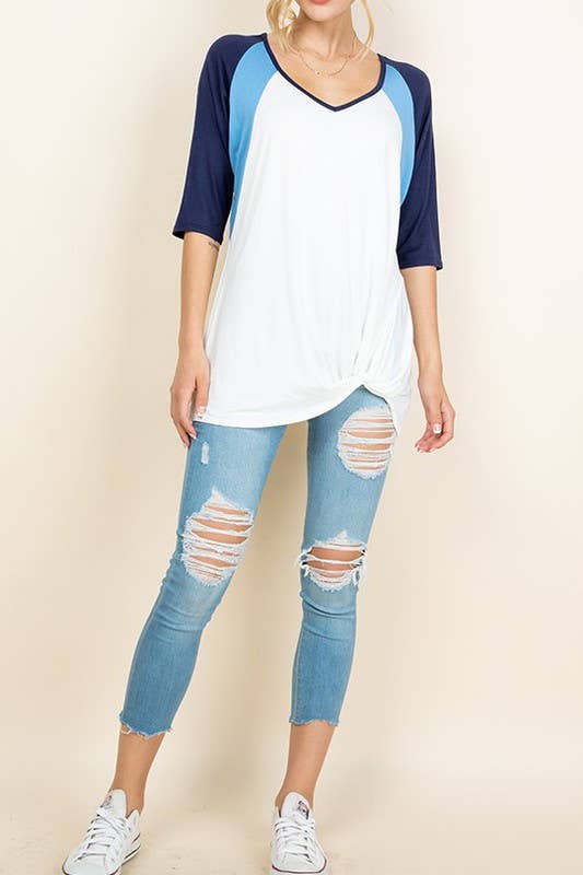 PLUS SIZE PARTIALLY COLOR BLOCK MIDI SLEEVE TOP: LIGHT OLIVE