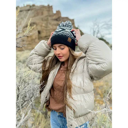 Aztec Multi-Colored Pom C.C Beanie: Dk. Grey