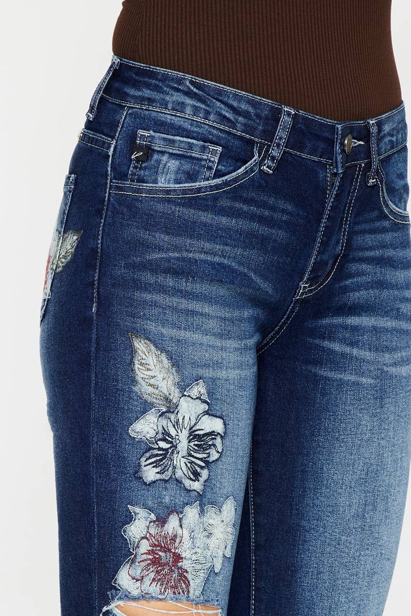 Kan Can USA Floral Embroidered Dark Denim Skinny Jeans