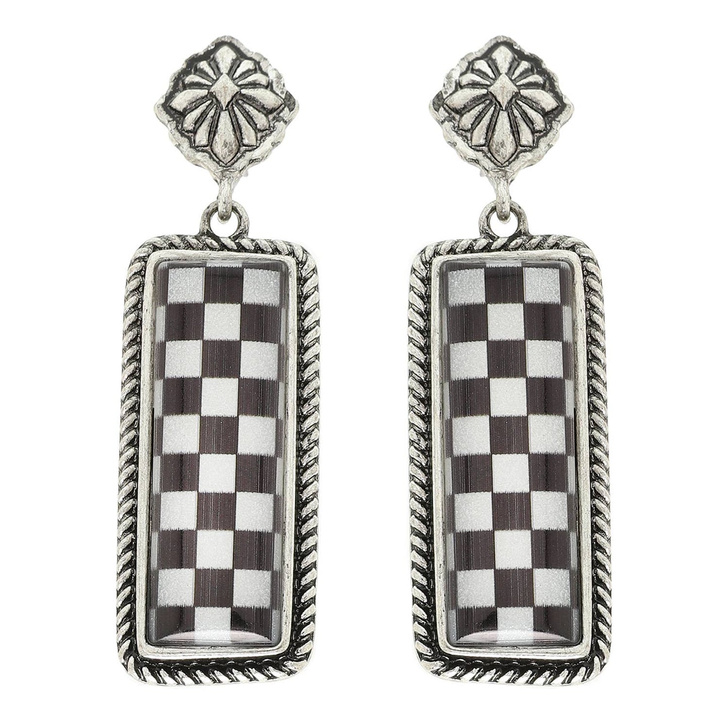 Western Epoxy Checkerboard Bar Post Earring: Turquoise