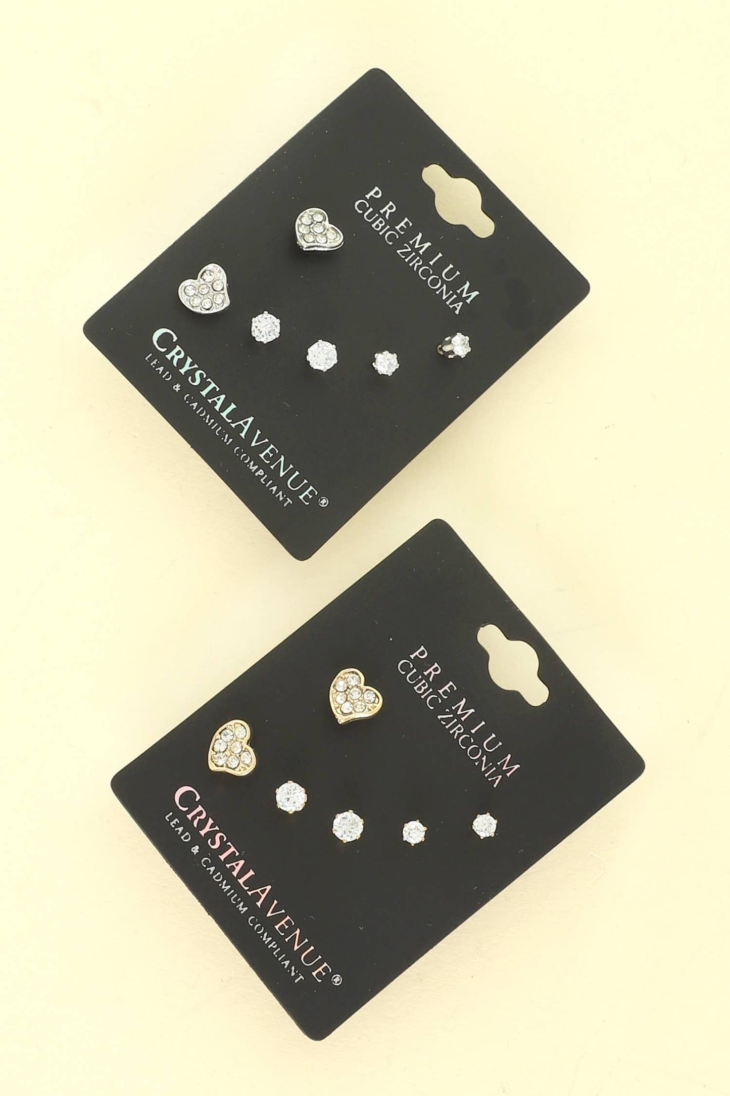 3 Pair Heart and Solitaire CZ Stud Earring Set : Silver