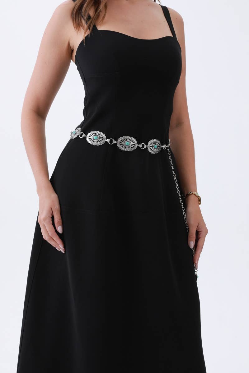 Vintage Turquoise Chain Belt: Antique Silver
