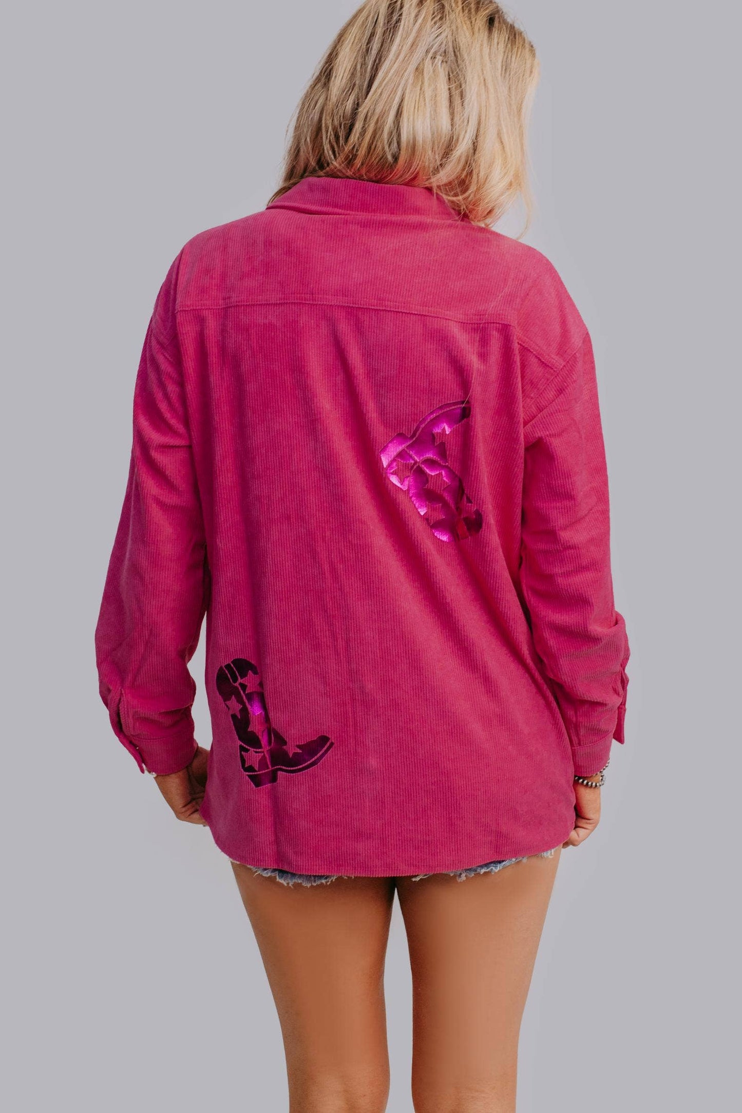 Cowgirl Boot Foil Shacket: Pink