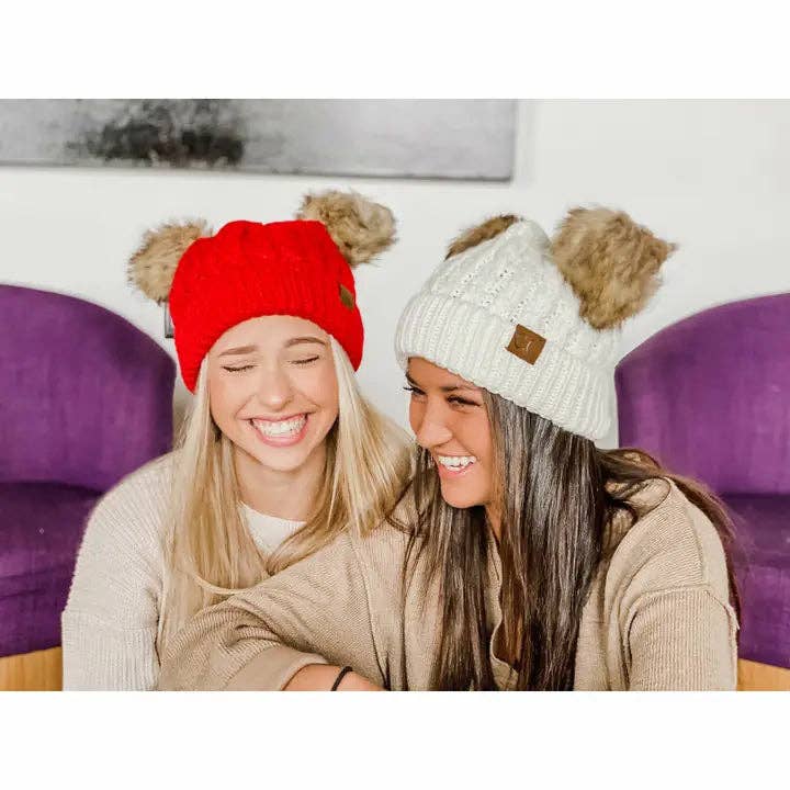 Cable Knit Double Pom Beanie: Red