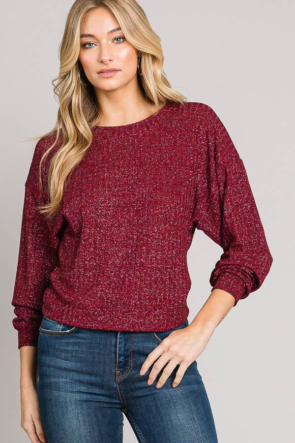 Long Sleeve Boxy Crop Top Lurex Rib Knit