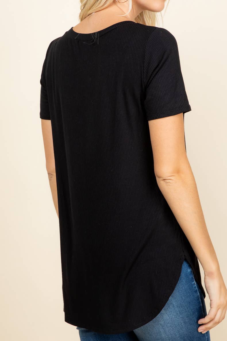 RIB JERSEY SHORT SLEEVE V NECK TOP: Black