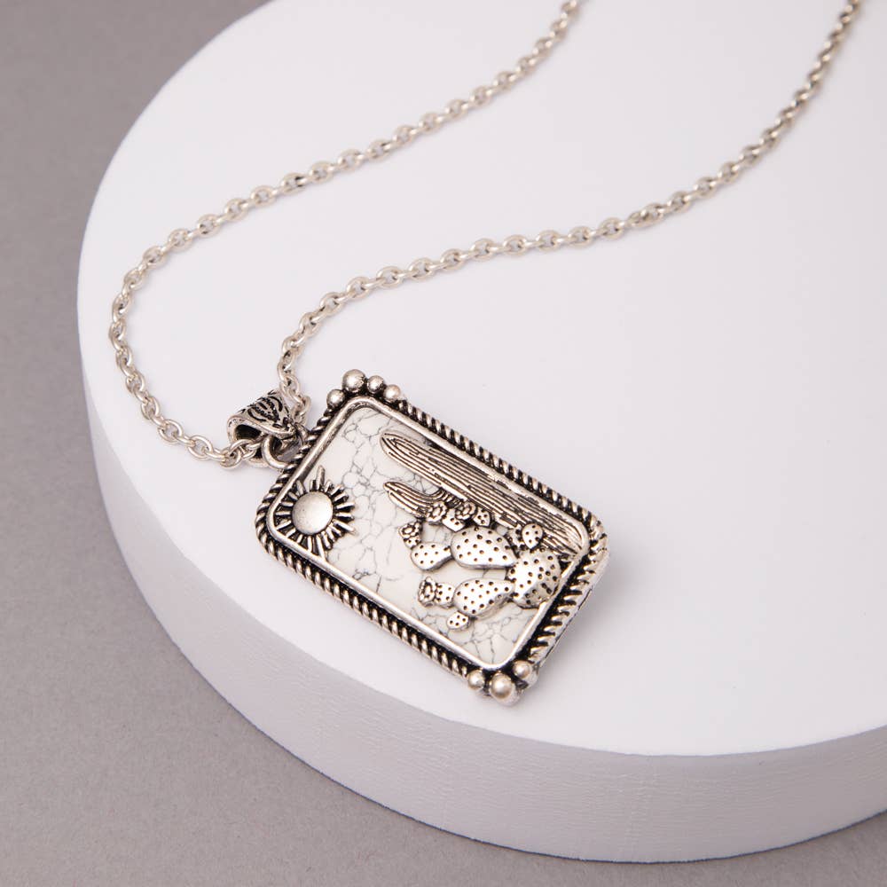 Western Turquoise Desert Cactus Bar Pendant Necklace: Blue