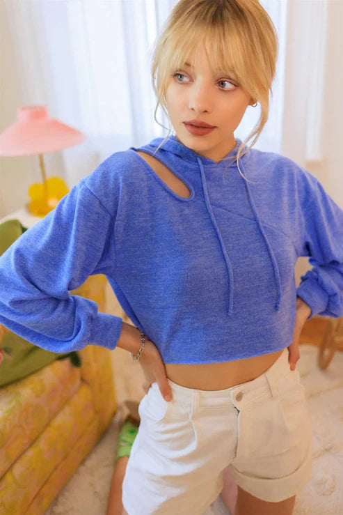 Blue Hooded Cut-out Cropped Sweatshirt