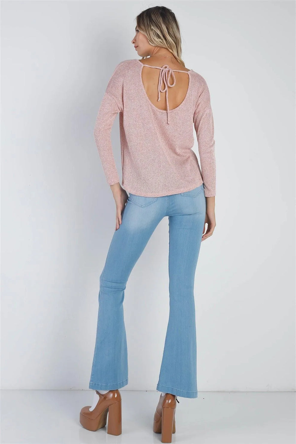 Rust Knit Wrap Detail Back Self-Tie Closure Long Sleeve Top