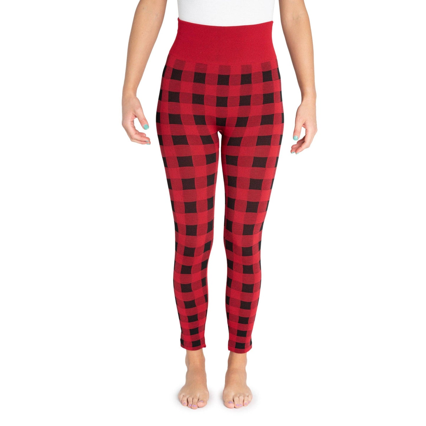 Muk Luks Women's Fleece Lined Leggings with Wide Waistband: Red Black Buffalo