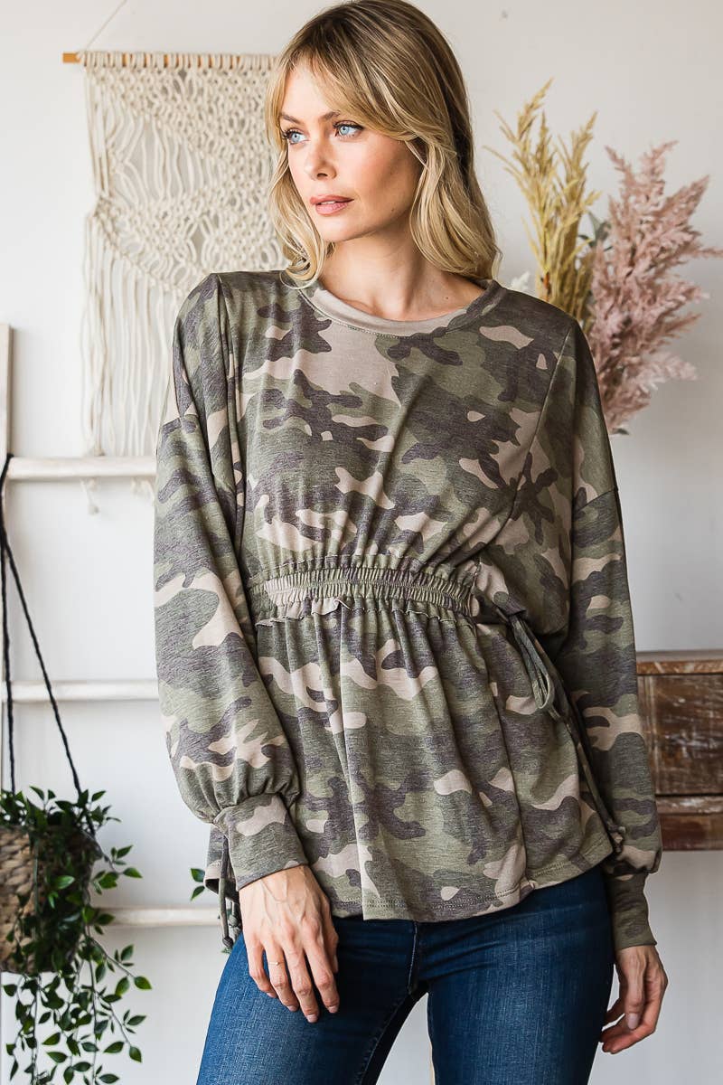 Long Sleeves Ruffle Elastic Waist Side Tie Top: Camo