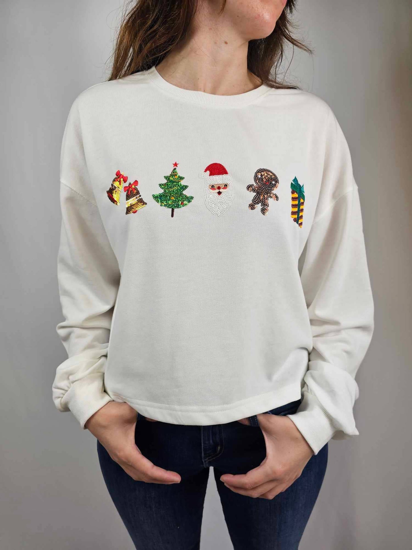 Sequin Santa Christmas Long Sleeve Crop Tee
