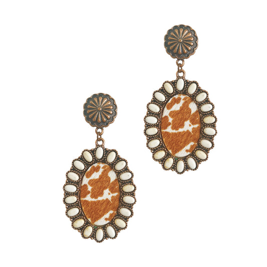 Cowhide Drop Earrings with Cream Stones: Copper Cream
