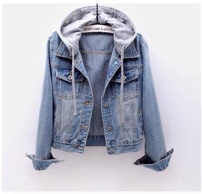 Women Casual Hooded Denim Jacket with Patchwork Design: Light Blue / 2XL