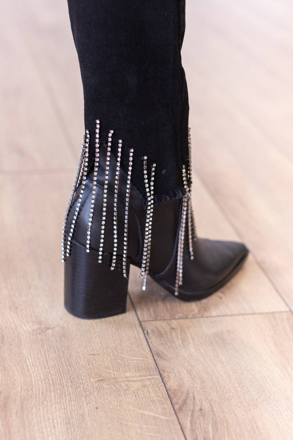 Black Skinny Jeans with Rhinestone Fringe Details