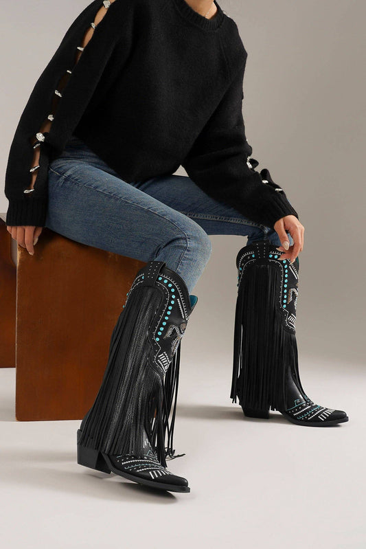 Fringe Cowgirl Boots with Rhinestone Accents: Black