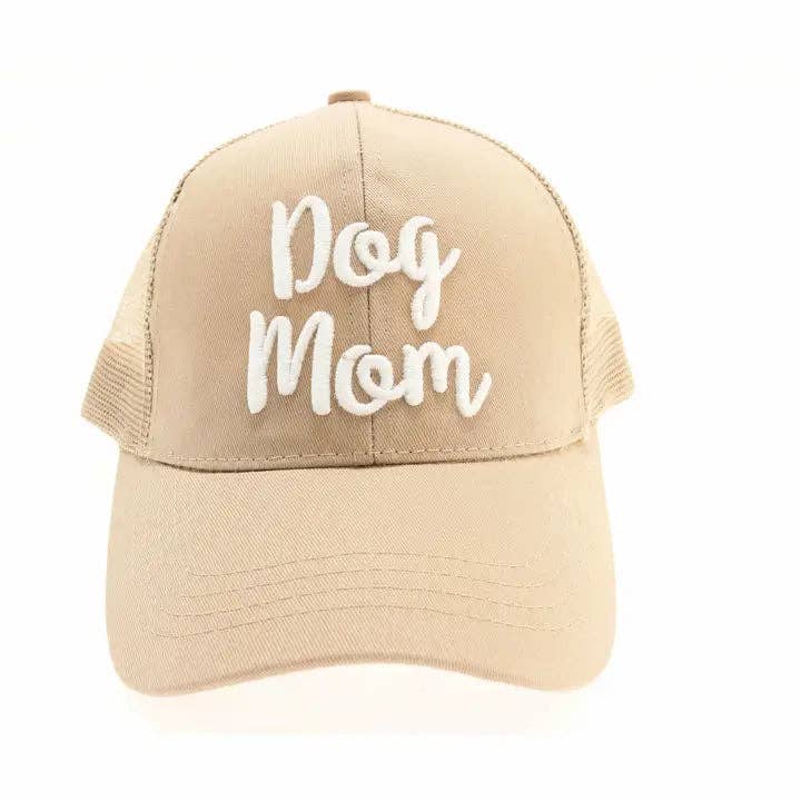 Dog Mom Embroidered Mesh Back High Ponytail CC Ball Cap: Khaki