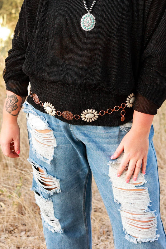 Forever Chasing Cowboys Copper Cream Floral Concho Link Belt: Plus Size