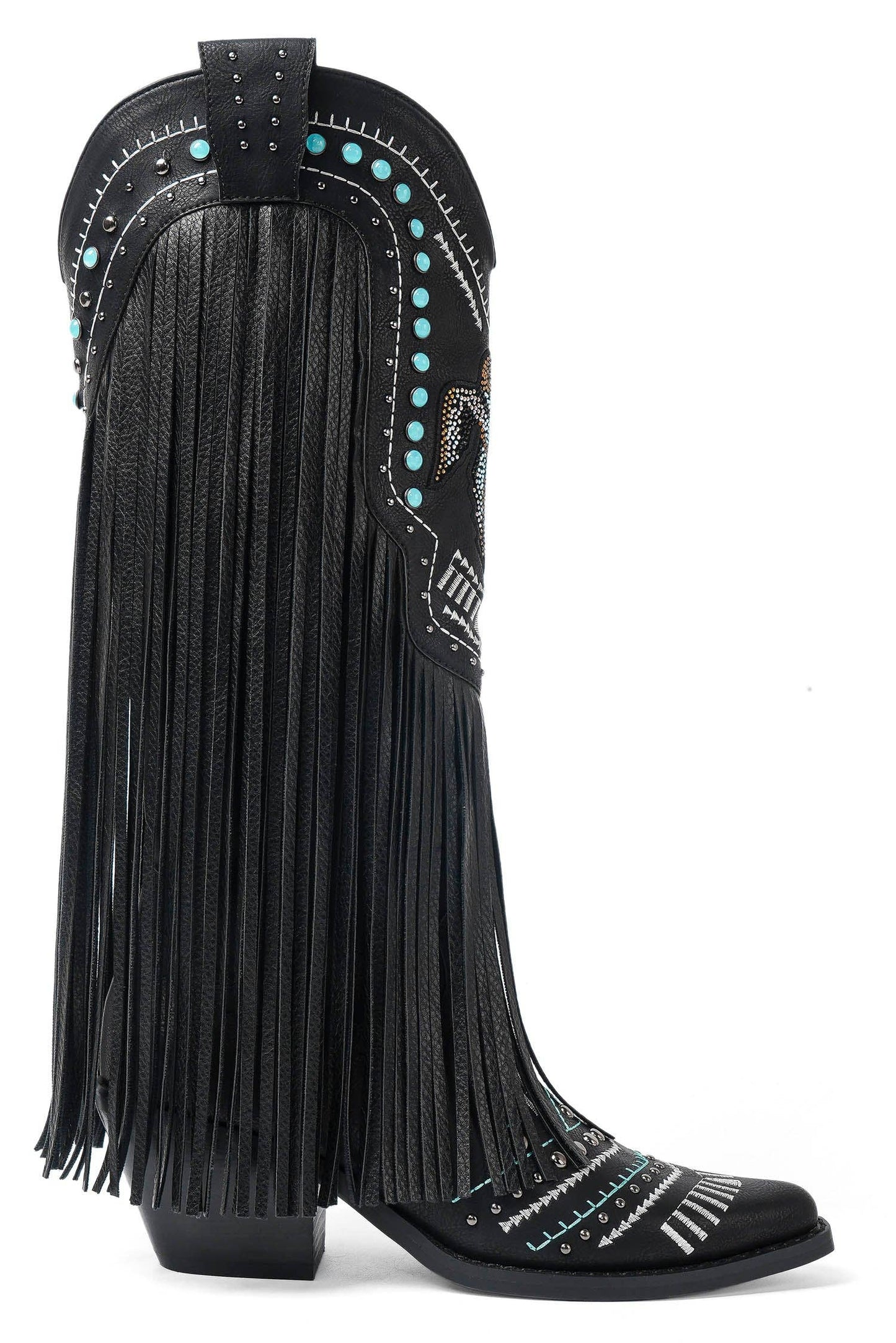 Fringe Cowgirl Boots with Rhinestone Accents: Black
