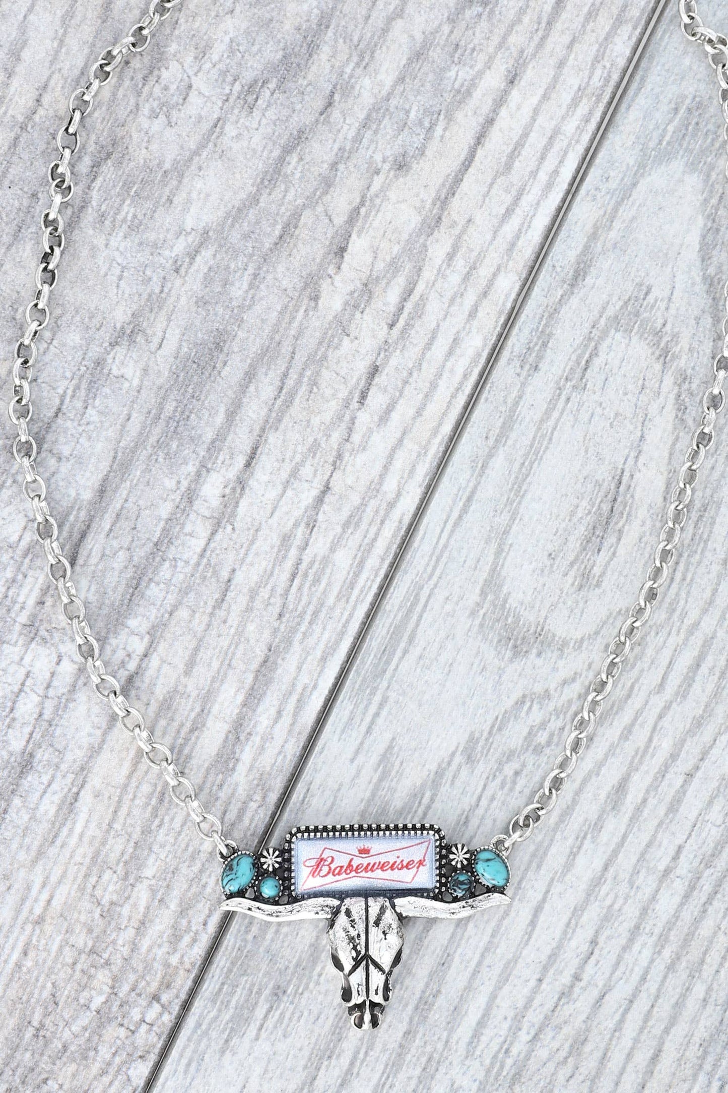 Enamel "Babeweiser" Longhorn Skull Charm Necklace