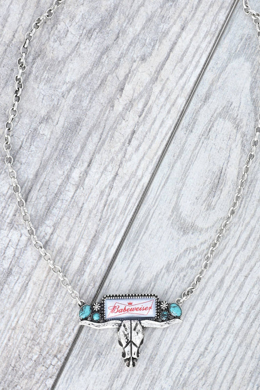 Enamel "Babeweiser" Longhorn Skull Charm Necklace