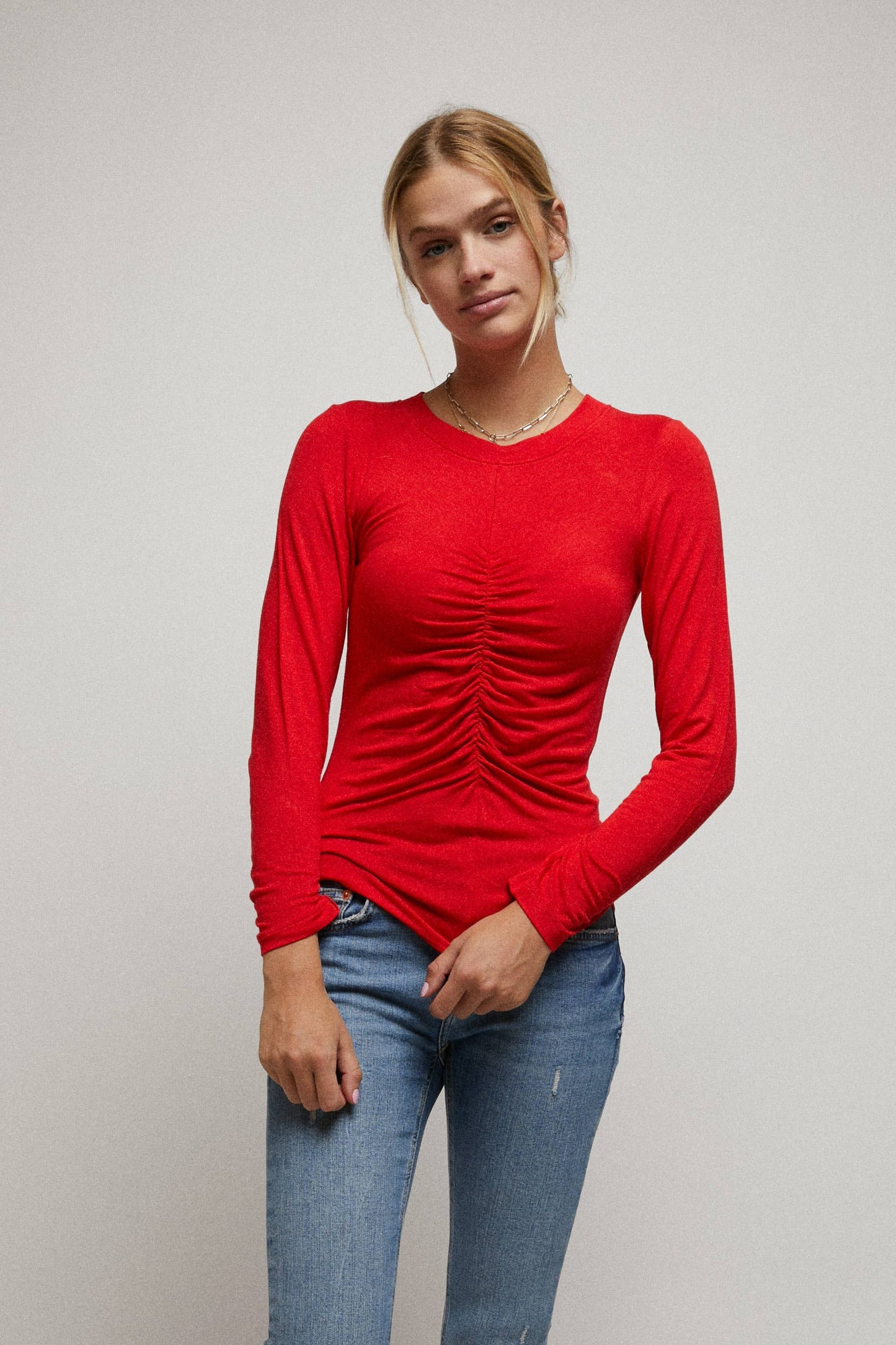 Long Sleeve Cinched Open Back Top: RED