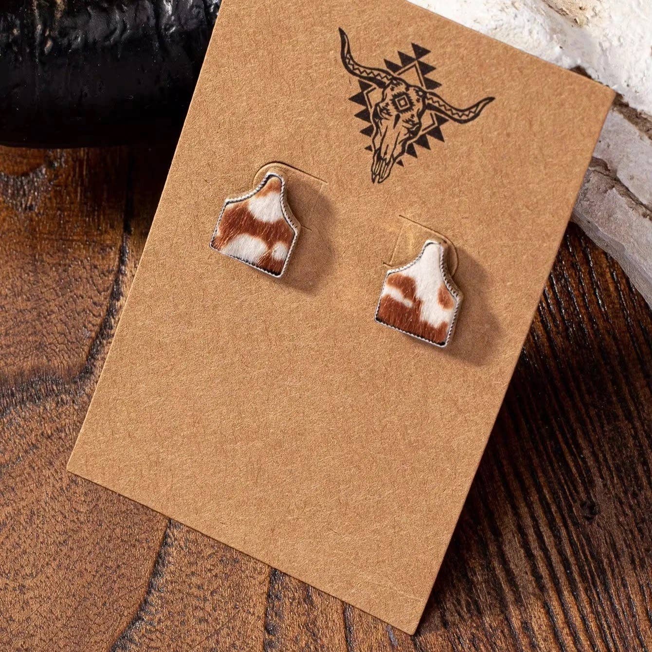 Cow Tag - Faux Cowhide Stud Earrings: Turquoise