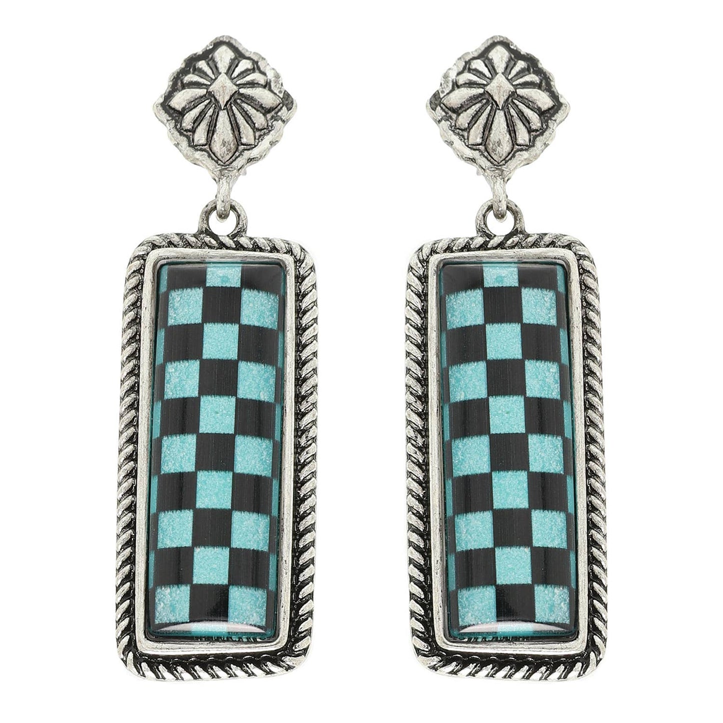 Western Epoxy Checkerboard Bar Post Earring: Fuchsia