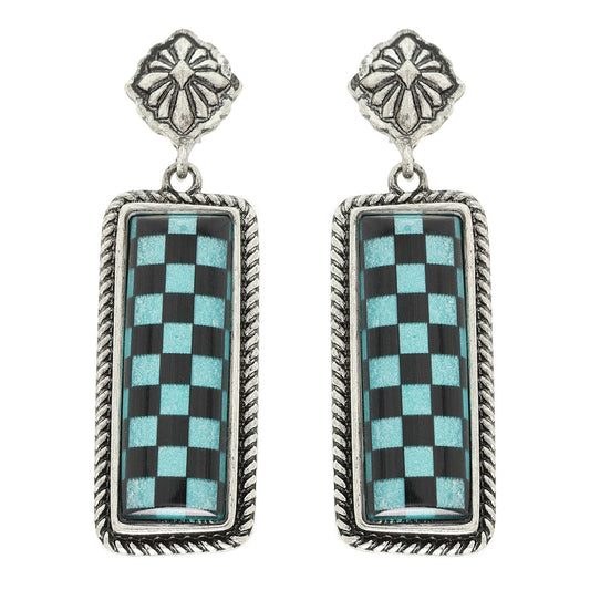 Western Epoxy Checkerboard Bar Post Earring: Turquoise