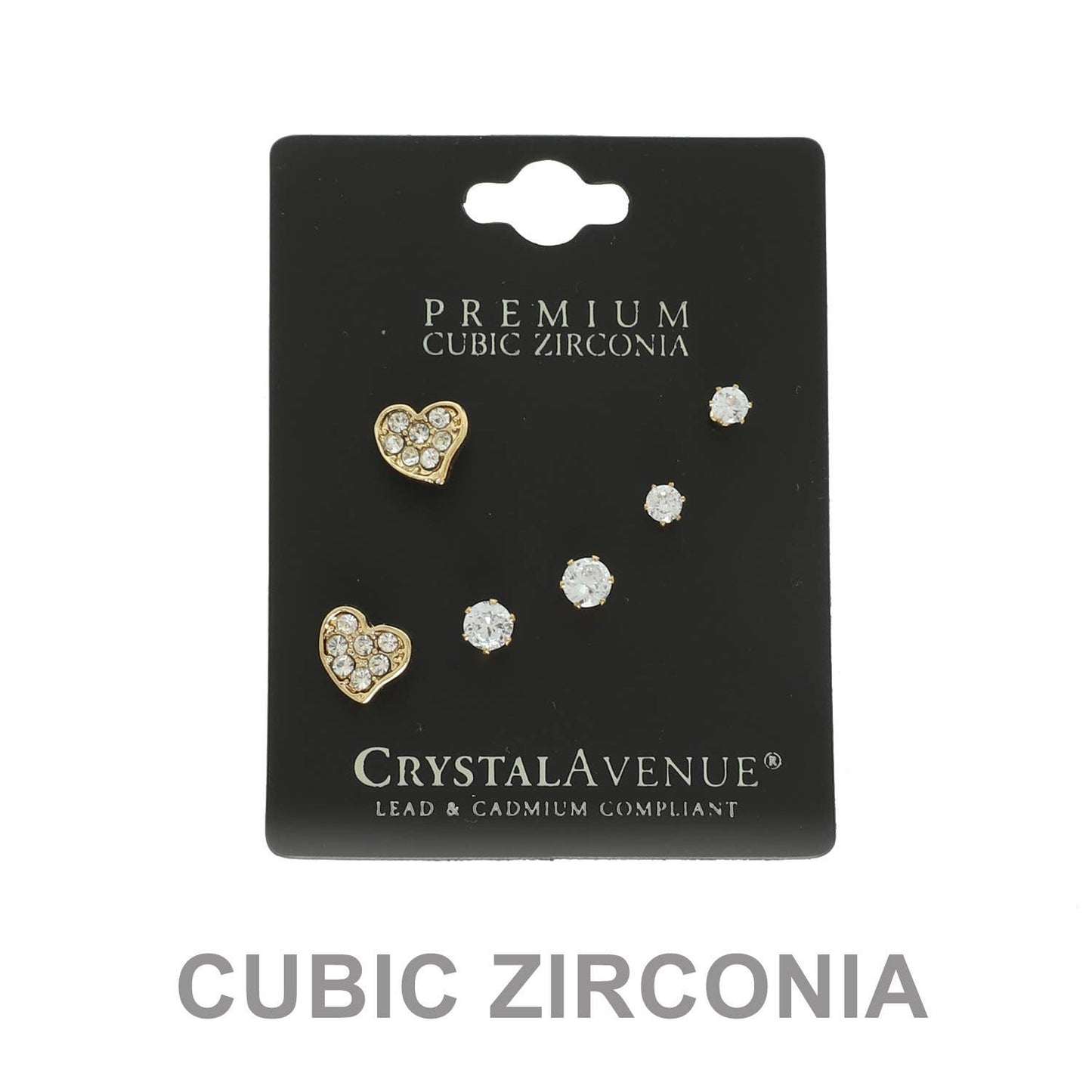 3 Pair Heart and Solitaire CZ Stud Earring Set : Silver