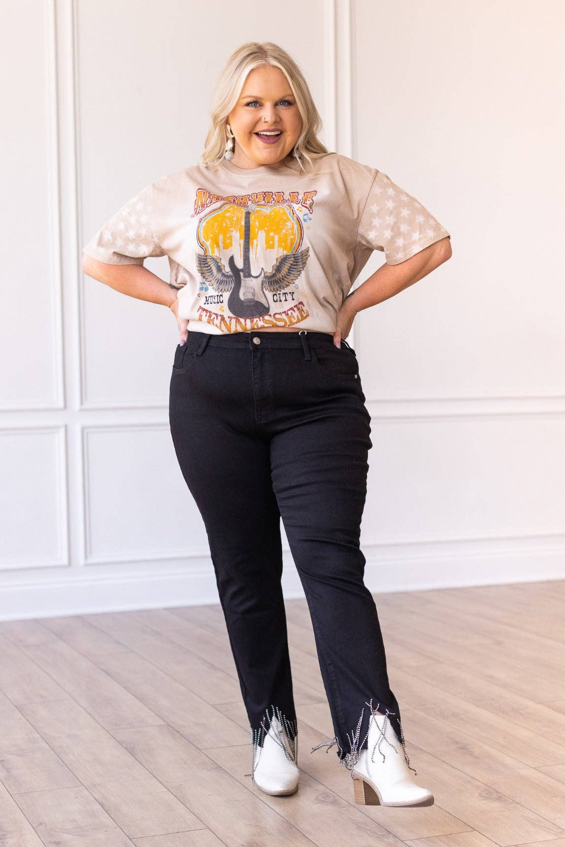 Black Skinny Jeans with Rhinestone Fringe Details