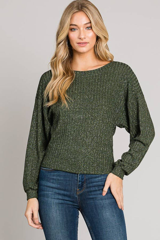Long Sleeve Boxy Crop Top Lurex Rib Knit