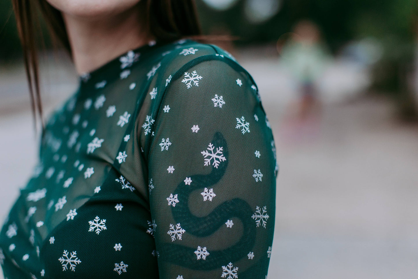 Sparkle Snowflake Mesh Top: Green