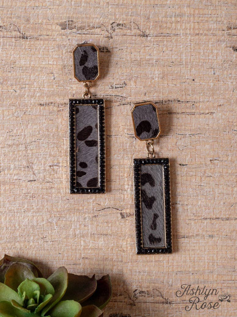 MY TIME TO SHINE RECTANGLE BLACK LEOPARD EARRINGS: Black