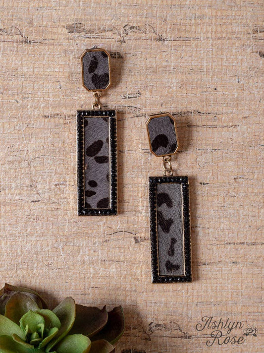 MY TIME TO SHINE RECTANGLE BLACK LEOPARD EARRINGS: Black