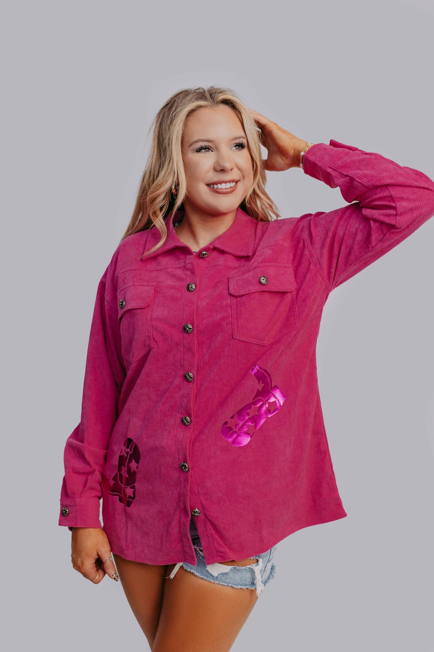 Cowgirl Boot Foil Shacket: Pink