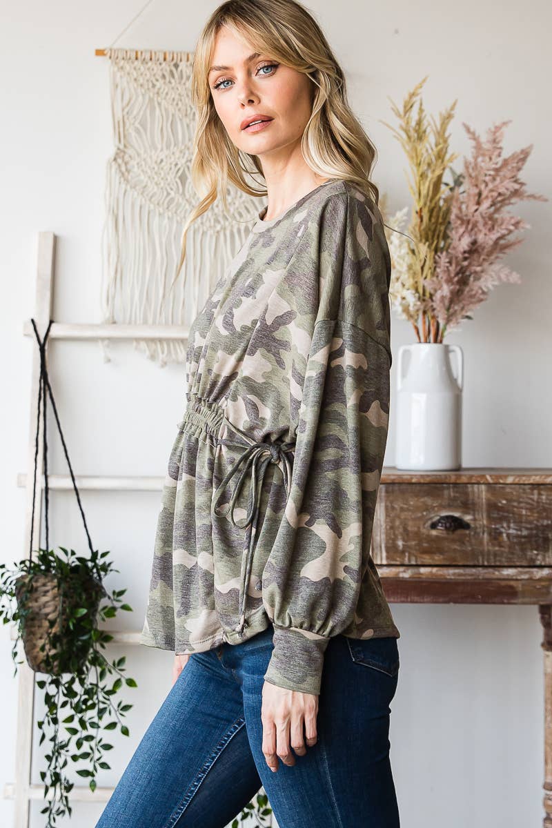 Long Sleeves Ruffle Elastic Waist Side Tie Top: Camo