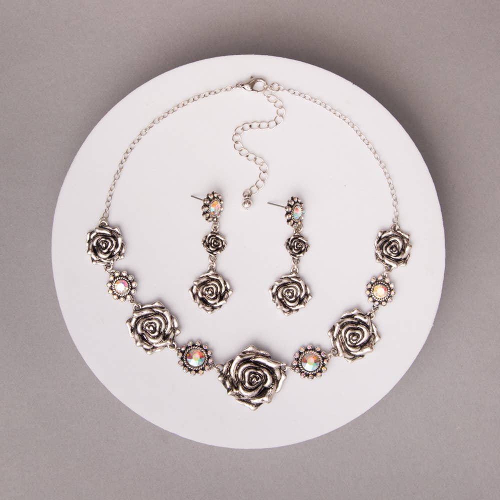 Western Rose Blossom Necklace & Earring Set: Turquoise