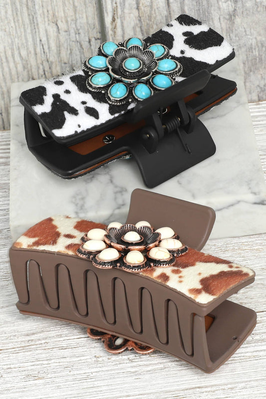 Western Cowhide Flower Concho Hair Claw Clip : Black or Brown