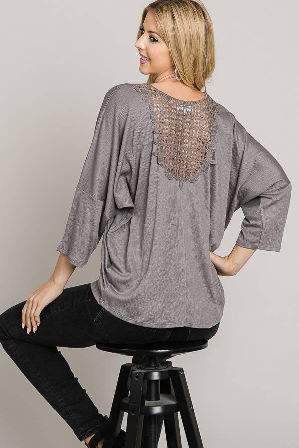 Bracelet sleeve length stretch knit top - Back lace detail: Lt Grey