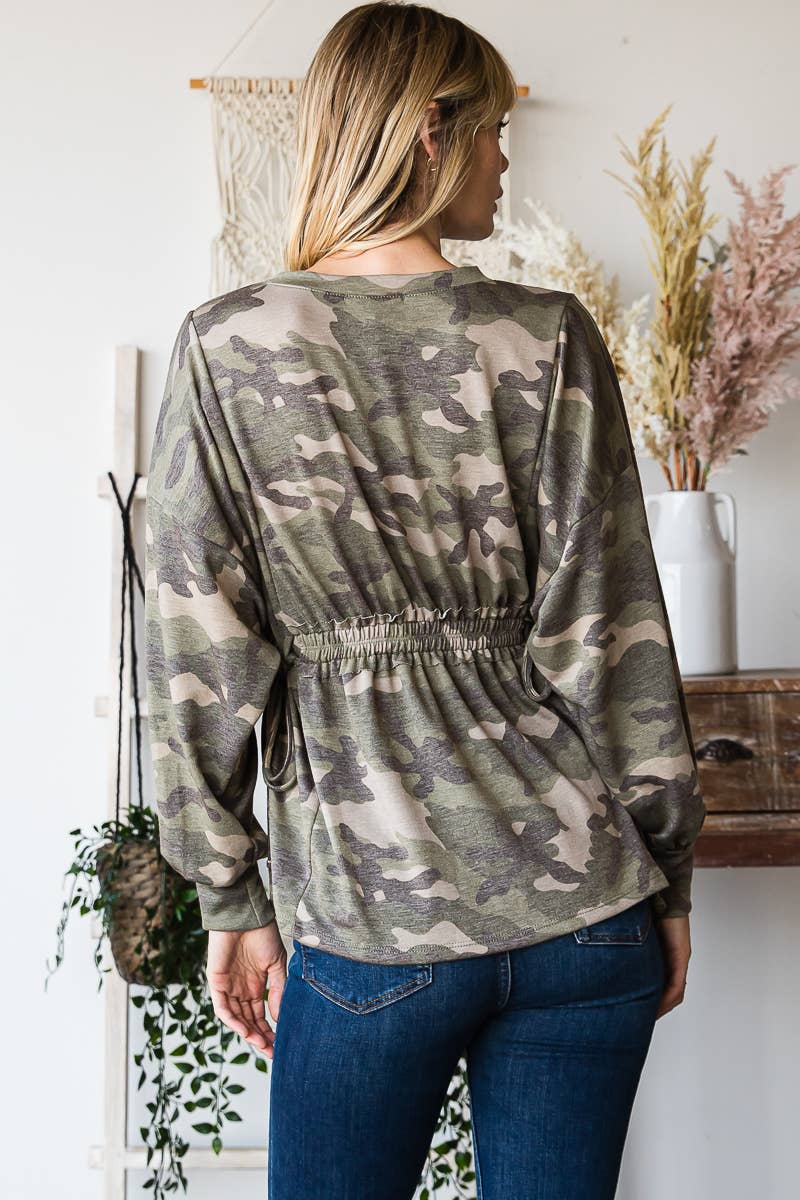 Long Sleeves Ruffle Elastic Waist Side Tie Top: Camo