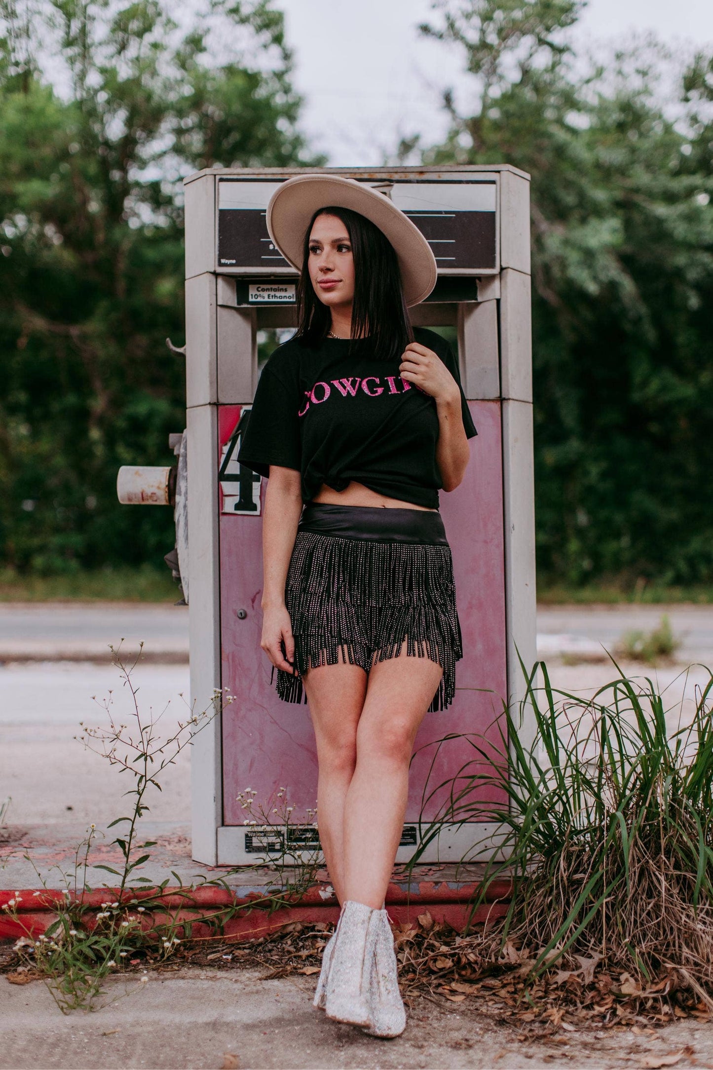 Cowgirl 3D Pink Sequin Embroidered Tee: Black