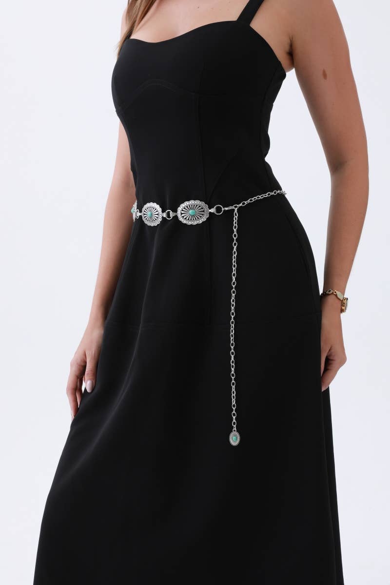 Vintage Turquoise Chain Belt: Antique Silver