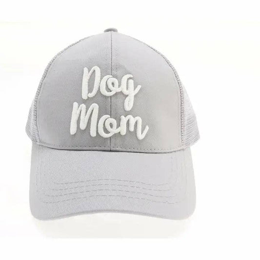 Dog Mom Embroidered Mesh Back High Ponytail CC Ball Cap: Grey