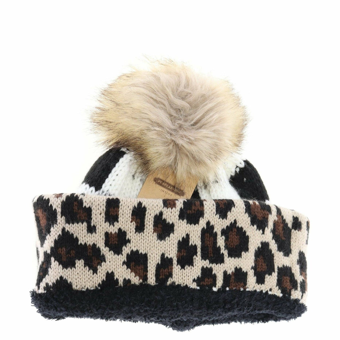 Leopard/Buffalo Mixed Print Fur Pom C.C Beanie: Red/Black