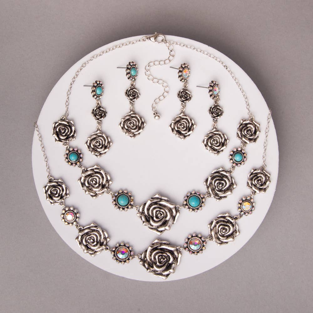 Western Rose Blossom Necklace & Earring Set: Iridescent
