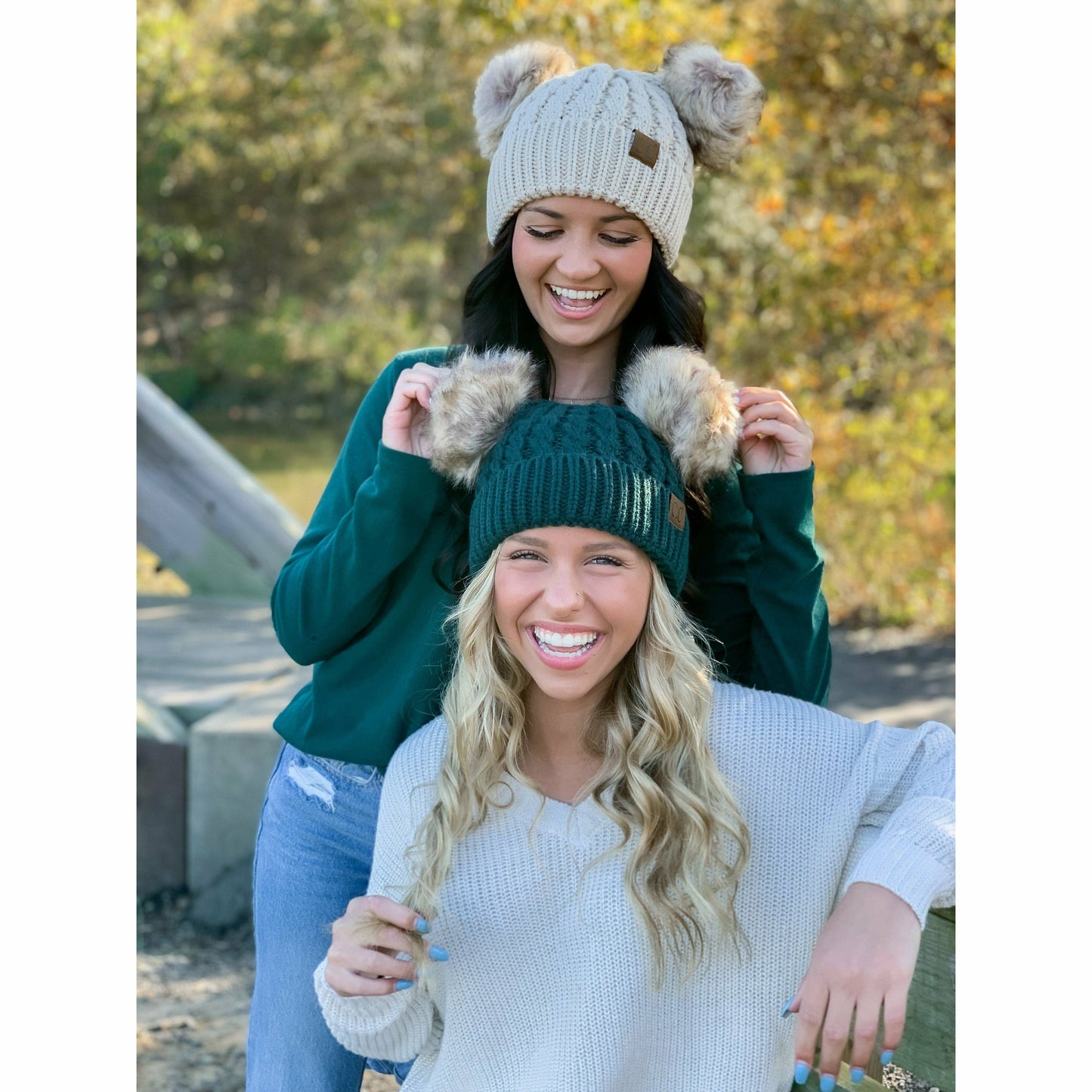 Cable Knit Double Pom Beanie: Rose
