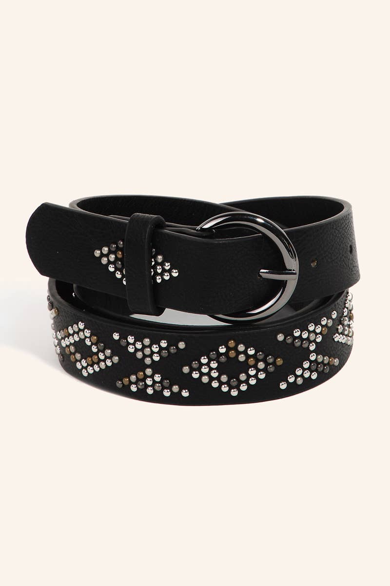 Geometric Studded Vegan Leather Belt: KA ROUND