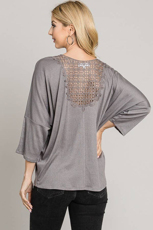 Bracelet sleeve length stretch knit top - Back lace detail: Lt Grey