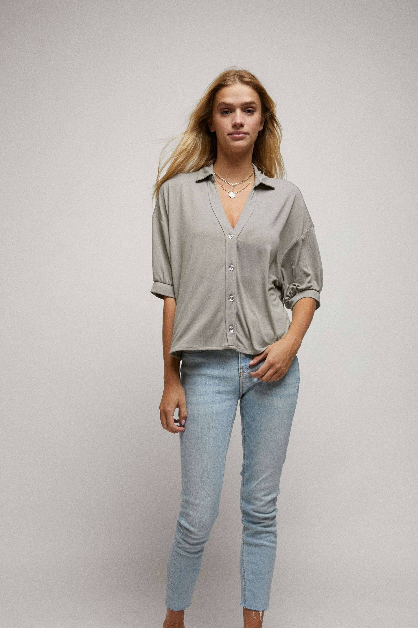 Elbow Sleeves W/Rhinestone Button Down Crop Shirt